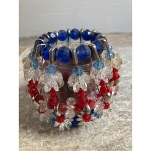 Patriotic Beaded Candle Holder Lantern Red White Blue Safety Pin Angels